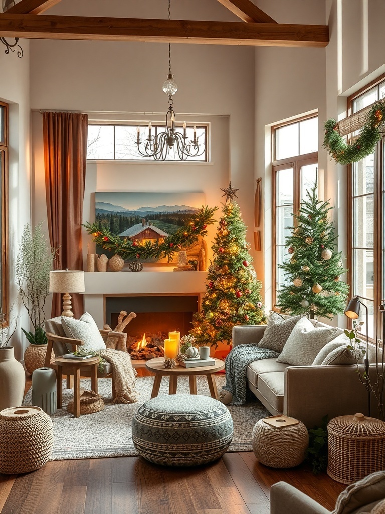 A cozy living room decorated with earthy colors and natural elements.
