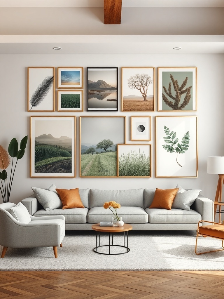 A cozy living room with an earthy inspired gallery wall featuring various nature-themed framed artworks.