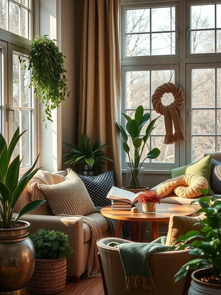 A cozy living room with earthy olive green decor, plants, and natural textures.