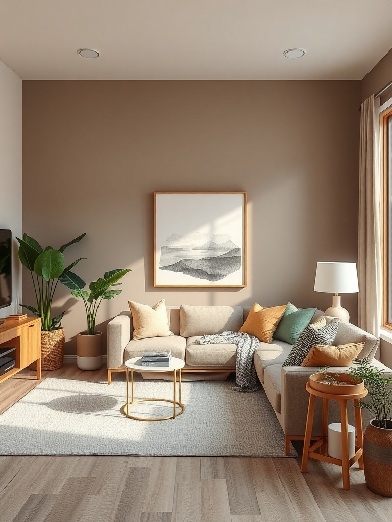 Cozy living room with earthy taupe walls, light furniture, and plants