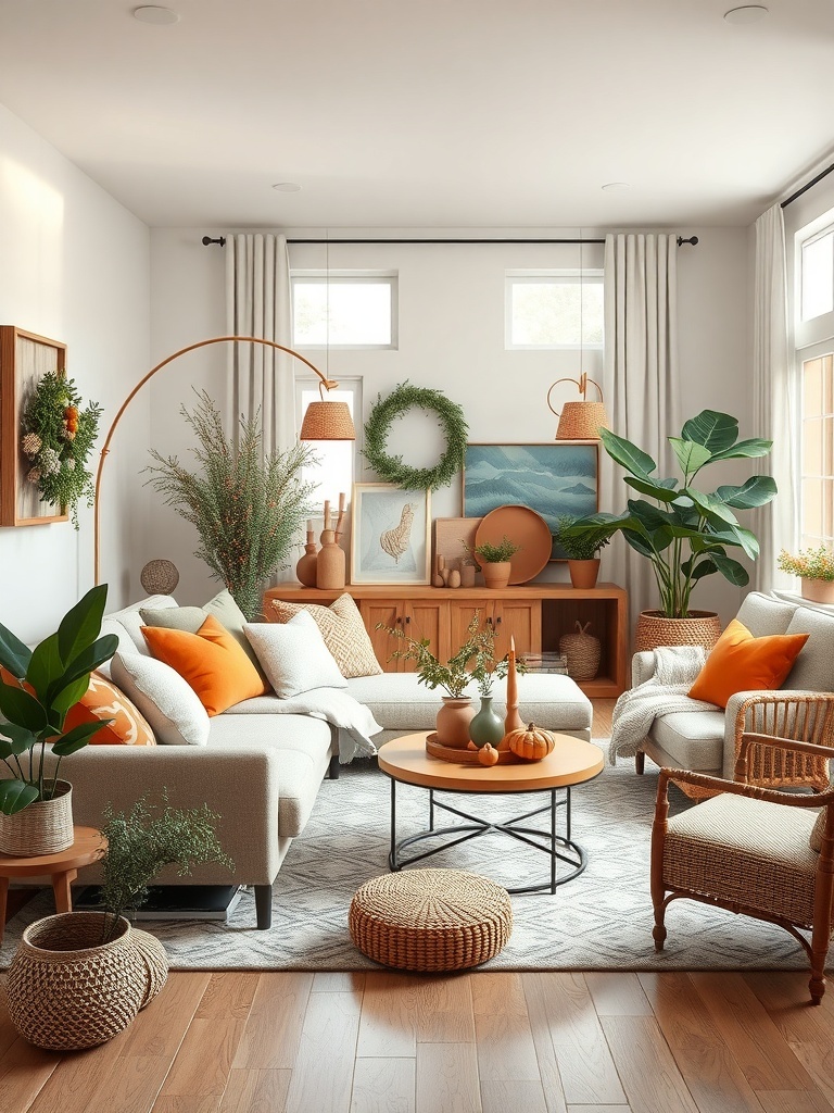 A cozy living room featuring earthy terracotta and sage green decor.