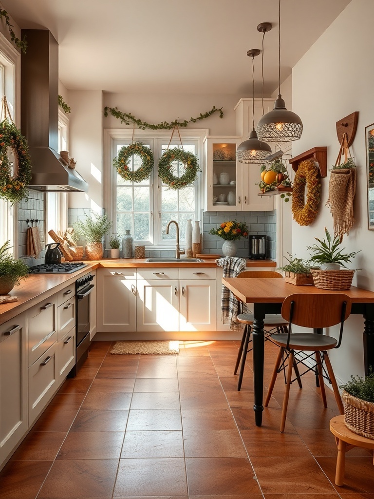 A cozy kitchen featuring terracotta tiles, wooden accents, and greenery.