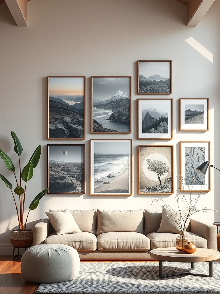 A living room featuring a collection of framed landscape photographs in earthy tones, complemented by a cozy sofa and plants.