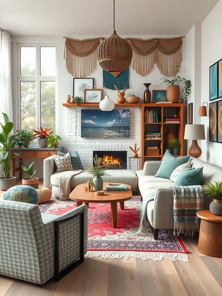 A cozy living room featuring eclectic bohemian decor with a vibrant rug, plants, and a mix of furniture.
