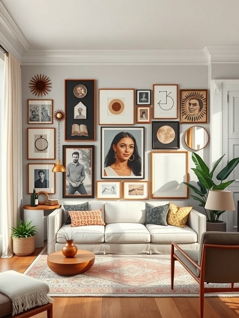 Eclectic gallery wall with various framed artworks and photographs in a cozy living room setting.