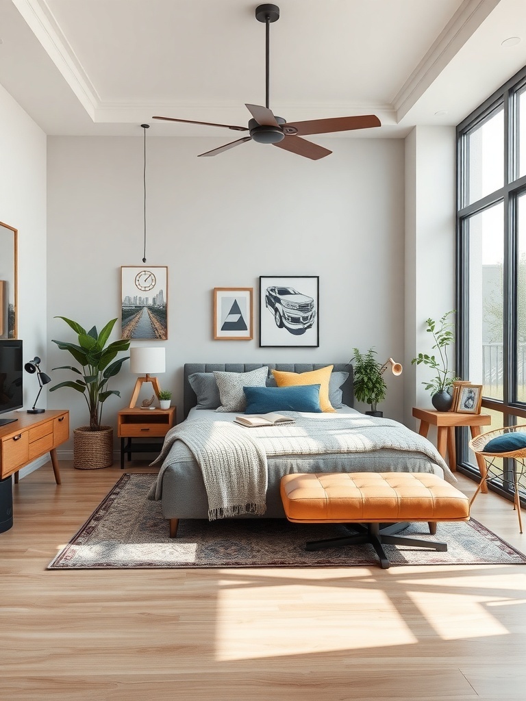 A modern bedroom featuring a mix of decor styles with a gray bed, colorful pillows, wooden furniture, and plants.