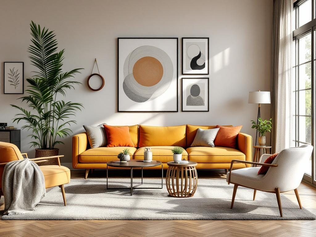 A modern living room featuring a yellow sofa, abstract wall art, and a mix of vintage and contemporary furniture.