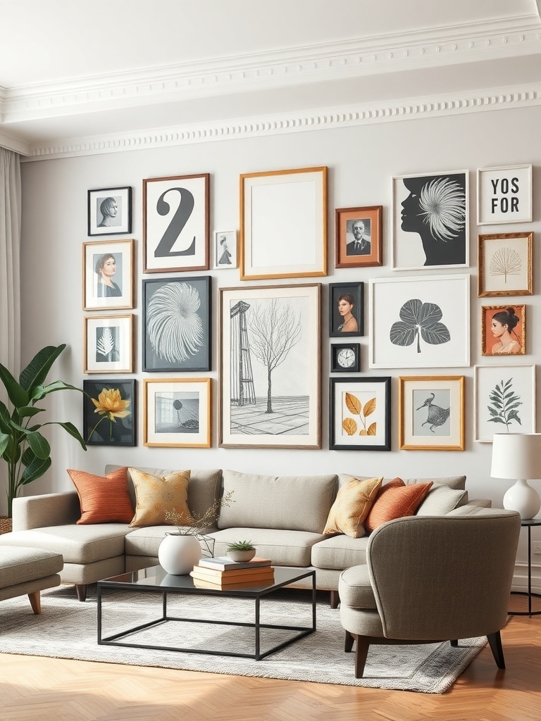 A living room wall decorated with an eclectic mix of framed art and photographs, featuring various styles and colors.