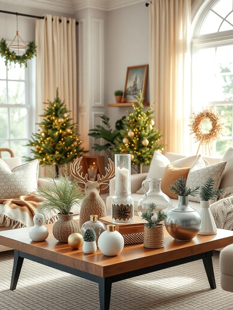 A cozy living room with eco-friendly decor accessories including plants, vases, and decorative items on a wooden coffee table.