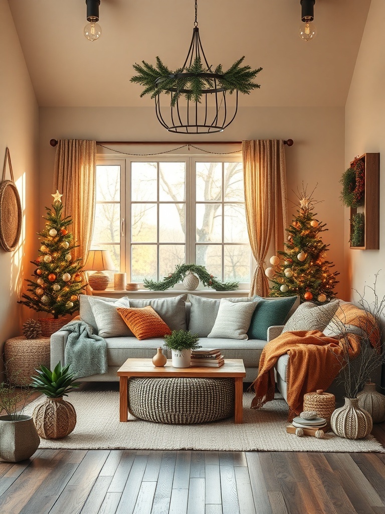 Cozy living room with eco-friendly decor, featuring natural materials and plants.