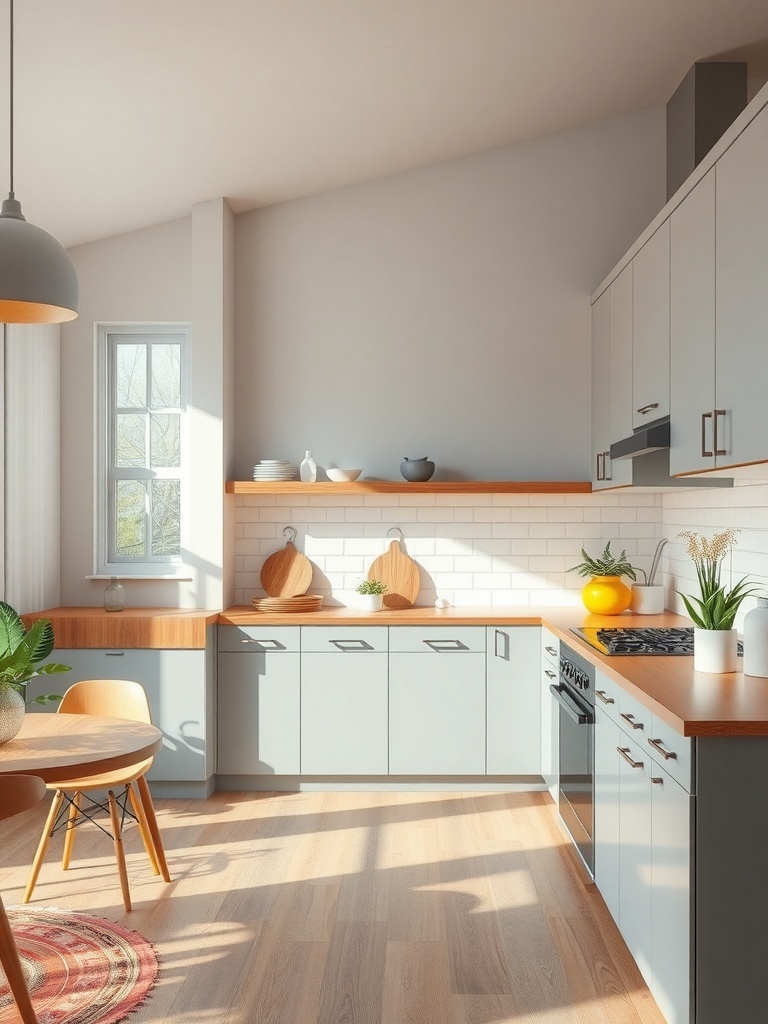 A modern kitchen with wooden countertops, light gray cabinets, and plants, showcasing eco-friendly design.