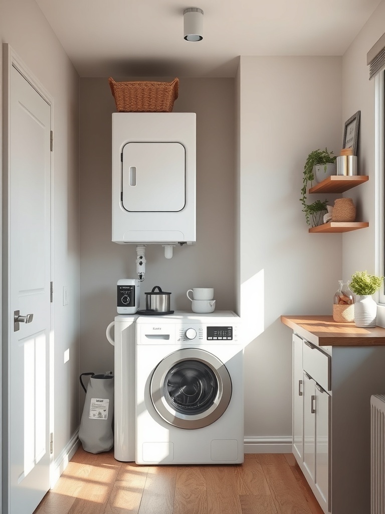 A compact laundry area featuring a stacked washer and dryer with shelves and a wooden countertop.