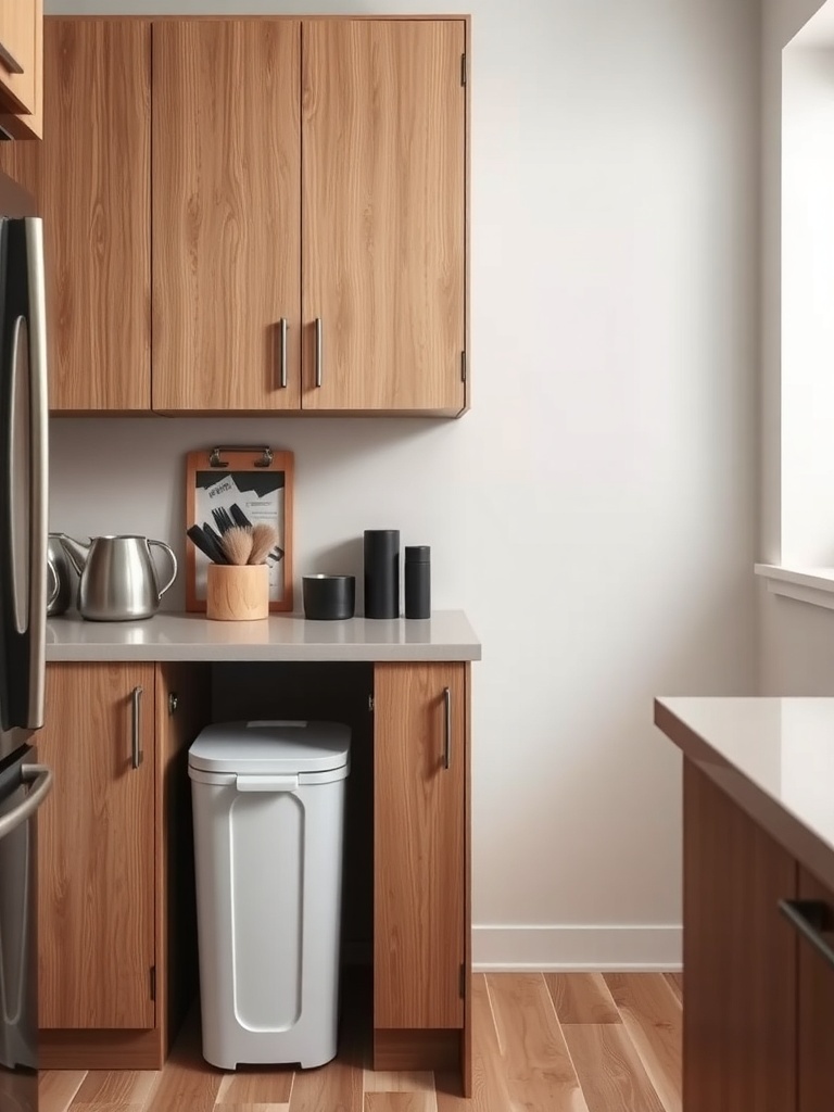 A small kitchen with a hidden trash can in a cabinet, showcasing efficient waste management.