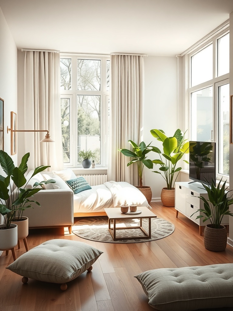 Bright and airy studio apartment with large windows, plants, and cozy furnishings.