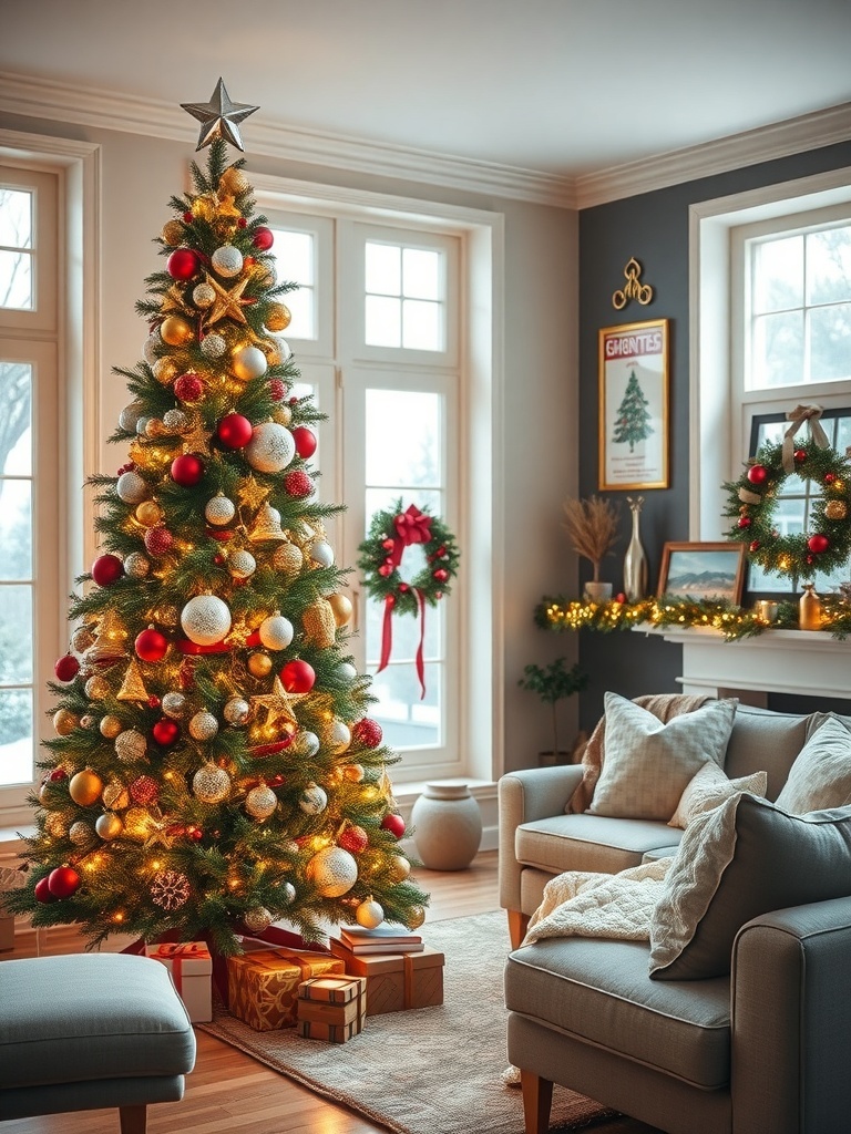 A beautifully decorated Christmas tree with gold, red, and white ornaments, surrounded by presents in a cozy living room.