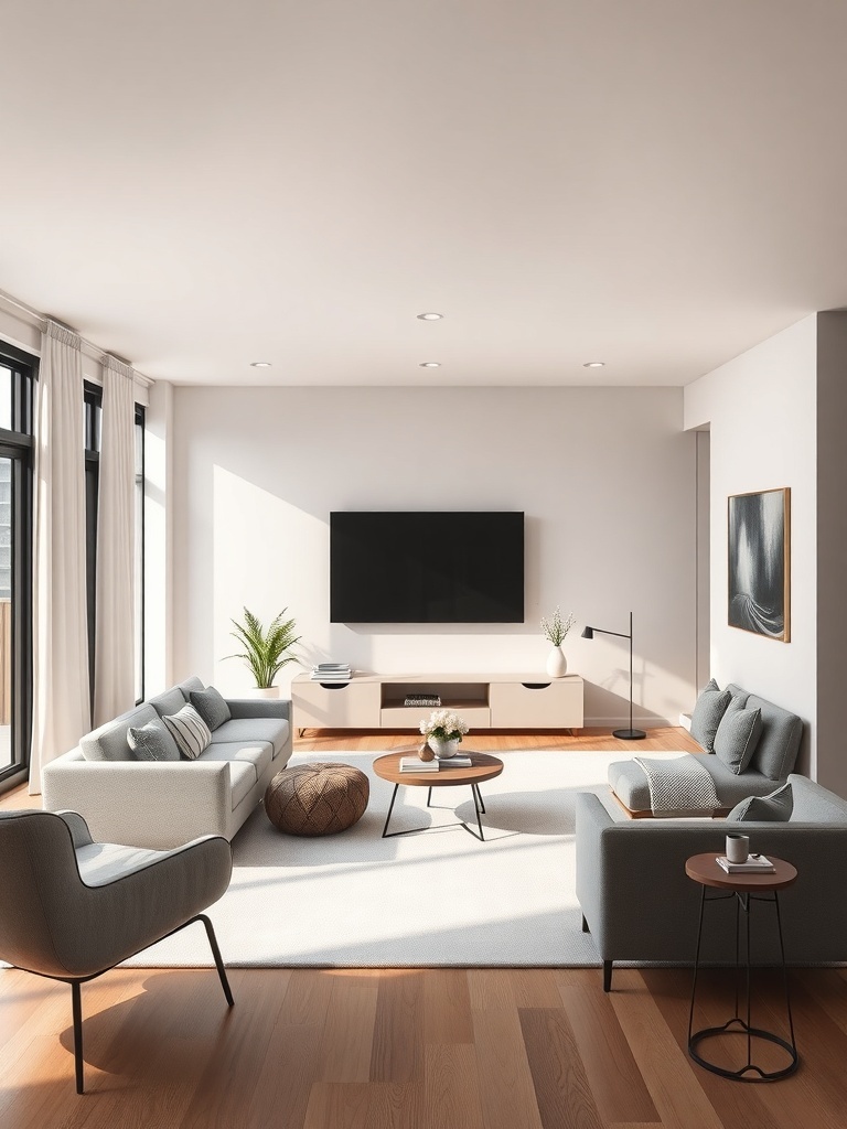 A minimalistic living room with a neutral color palette, featuring a sofa, armchair, coffee table, and plants.