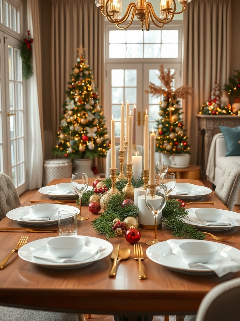 A beautifully set holiday table featuring white dishware, gold cutlery, and festive decorations.