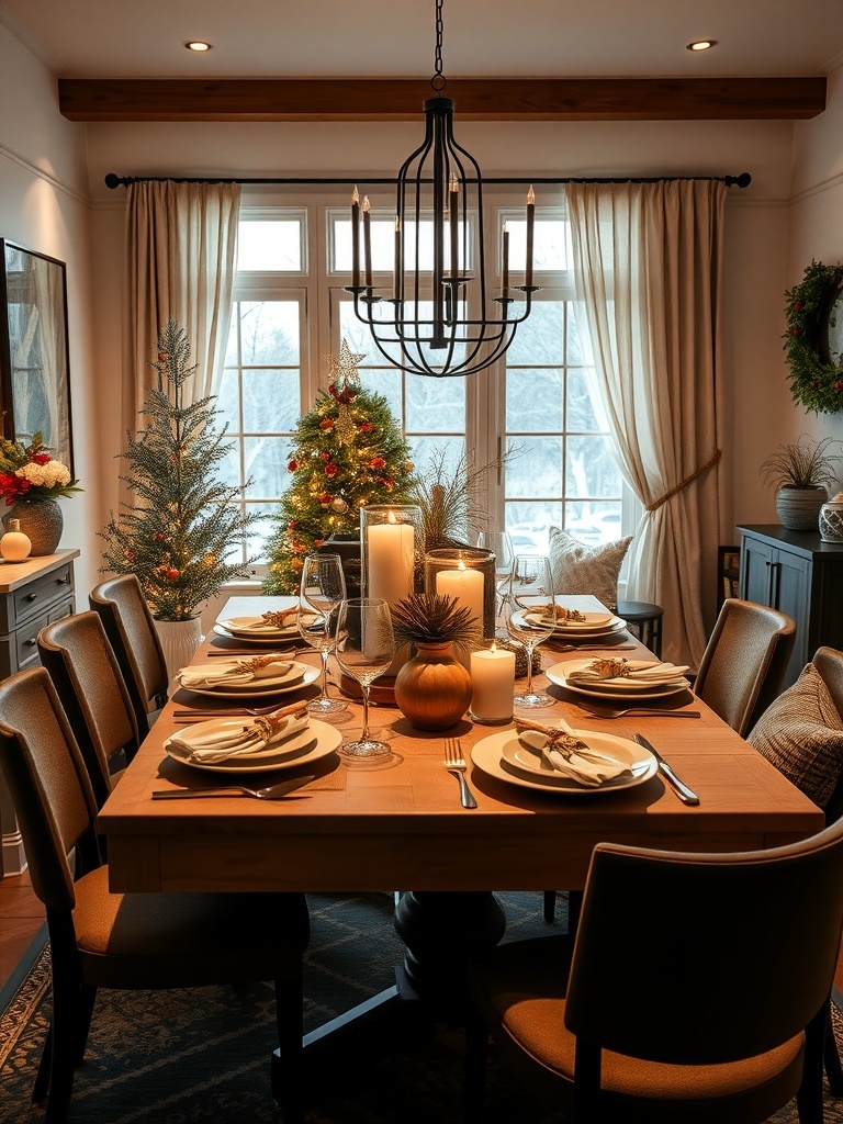 A beautifully set dining table with candles, flowers, and festive decor.