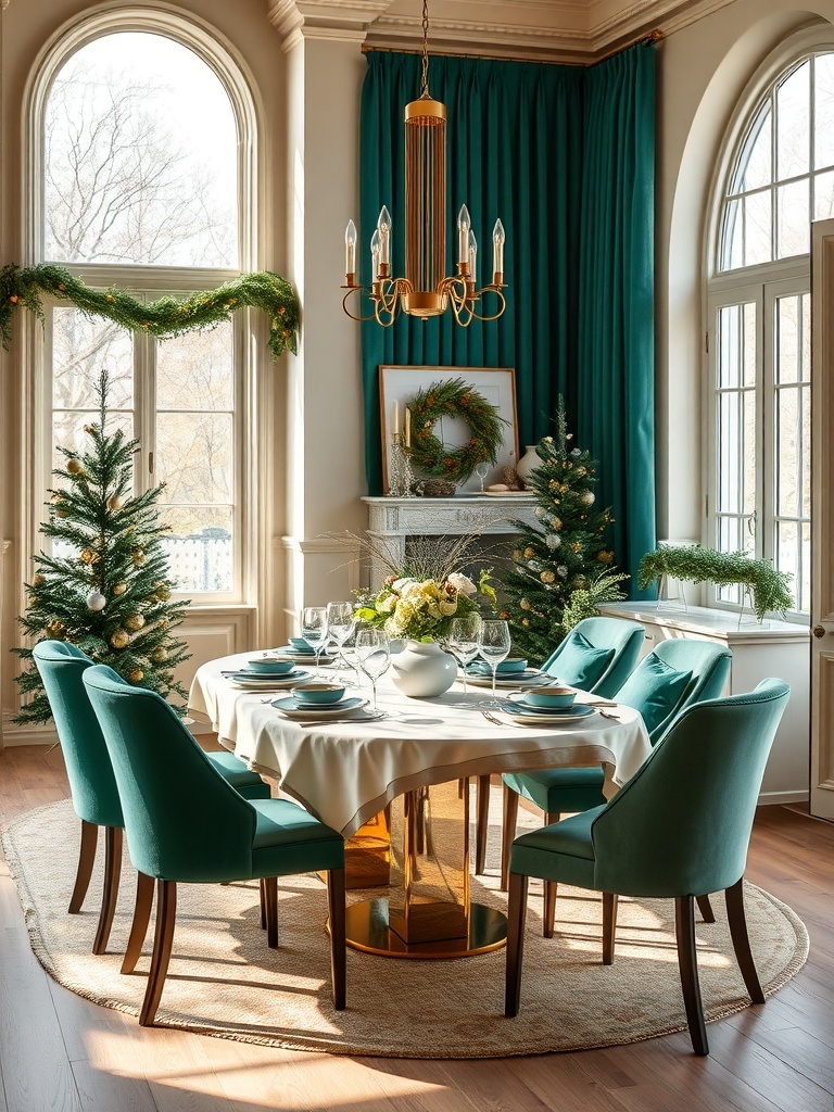 Dining area featuring emerald green chairs and soft beige decor.