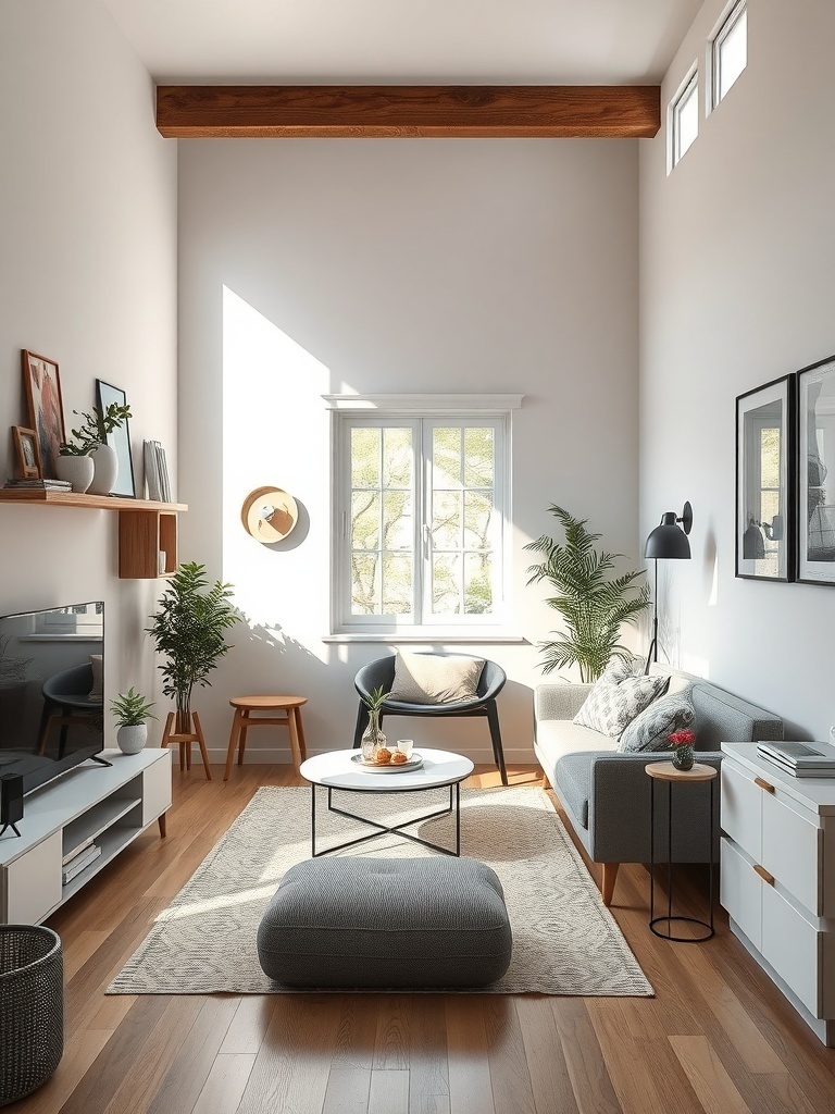 A minimalistic living room in a narrow apartment with light colors and functional furniture.