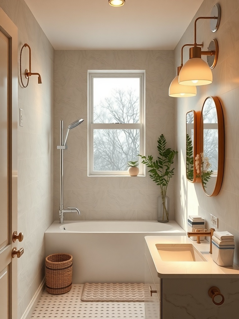 A small bathroom featuring a window, wall sconces, and round mirrors, showcasing creative lighting solutions.