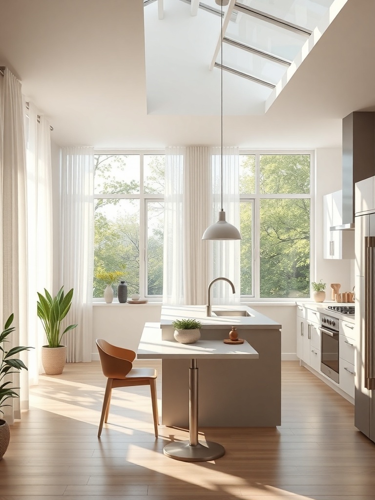 Bright kitchen with large windows and skylight, featuring plants and modern decor