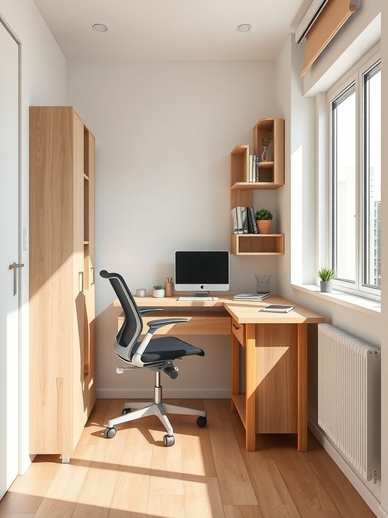 A small, ergonomic workspace setup featuring a desk, chair, and computer in a bright room.