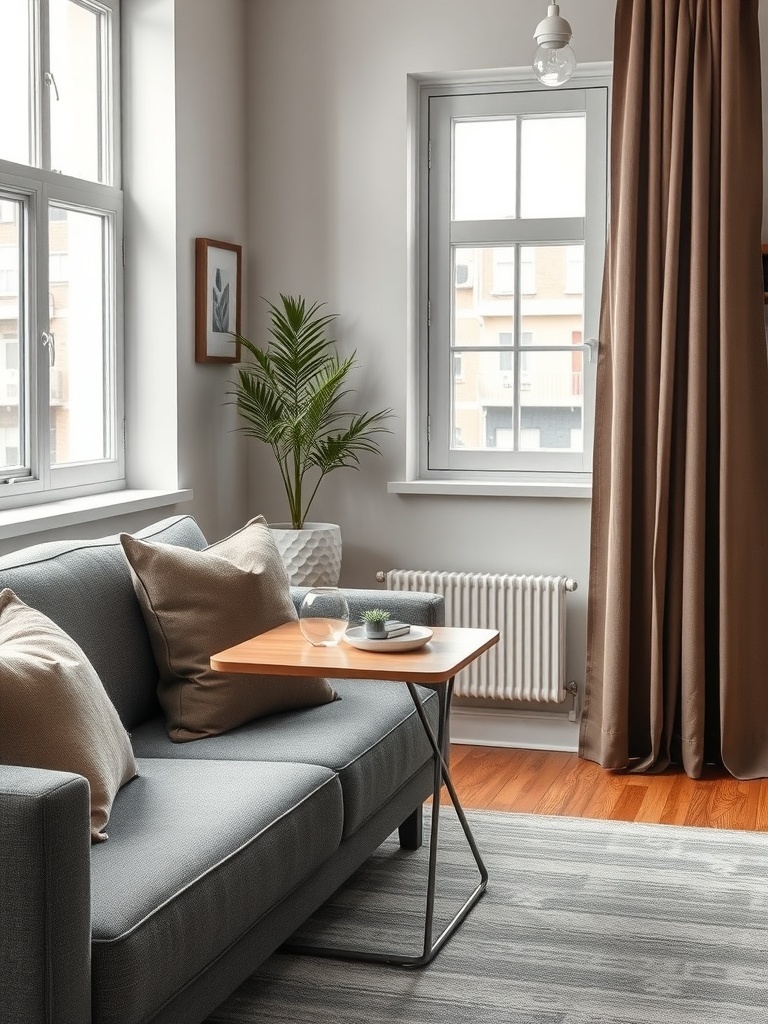 A modern expandable side table next to a gray sofa in a small apartment setting.