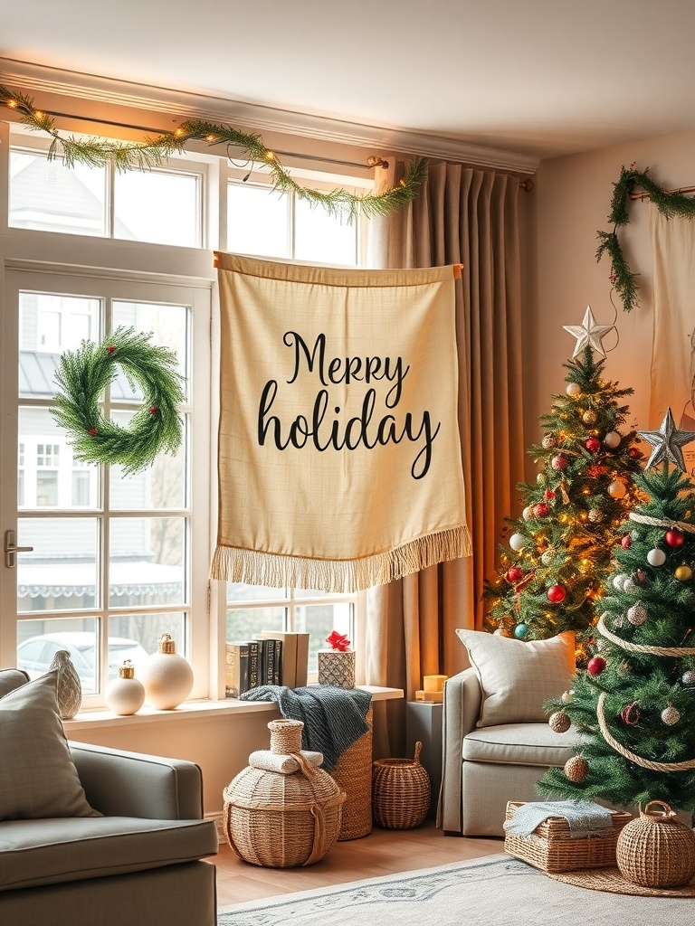 A cozy living room decorated with a fabric banner that says 'Merry Holiday', a Christmas tree, and festive decor.