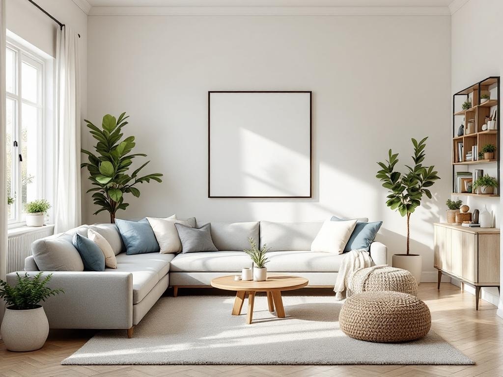 A modern family-friendly living room with a light-colored sectional sofa, round coffee table, and potted plants.