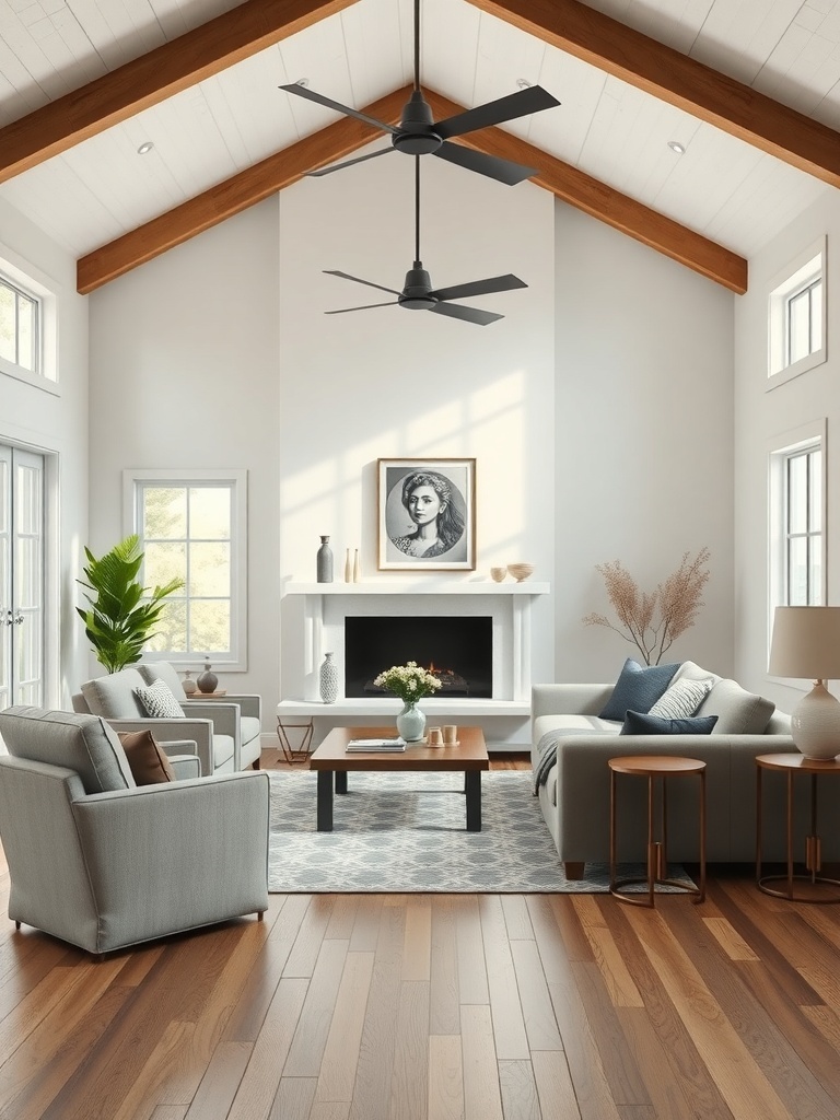 A spacious farmhouse living room with light colors, comfortable seating, and a warm atmosphere.
