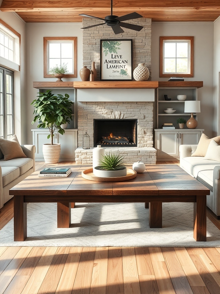 A cozy farmhouse living room featuring a wooden coffee table, comfortable seating, and a fireplace.