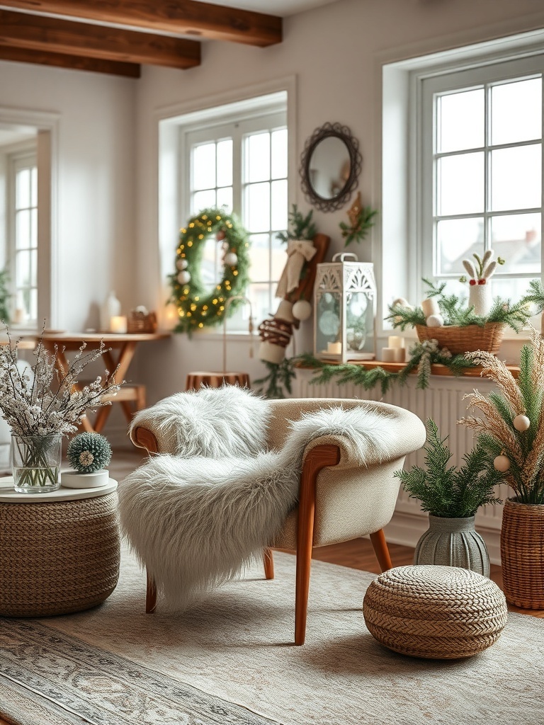 A cozy living room featuring a chair with faux fur accents, surrounded by winter decor.
