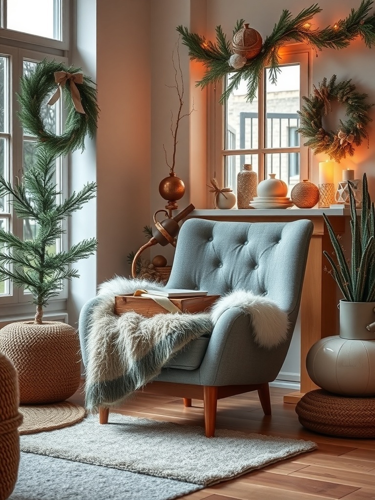 A cozy living room with faux fur accents, featuring a blue armchair draped with a fur throw, surrounded by decorative elements.