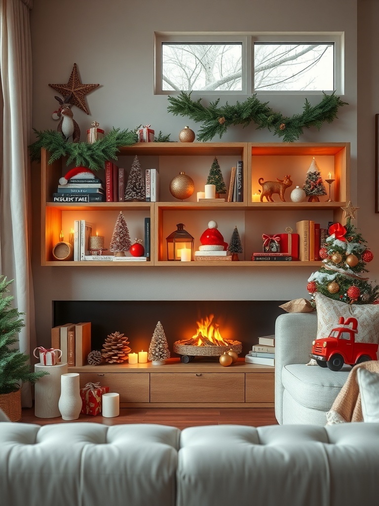 A cozy living room decorated for Christmas with festive book displays and holiday decor.