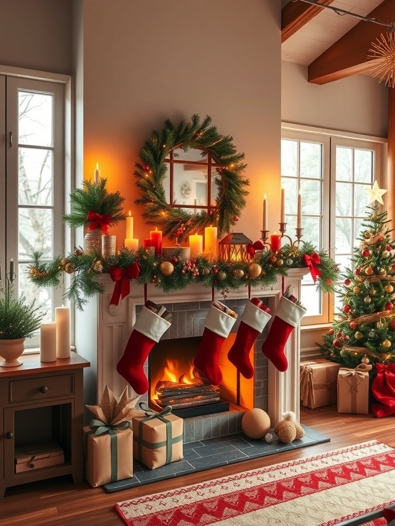 A cozy Christmas mantel decorated with stockings, candles, and a wreath.