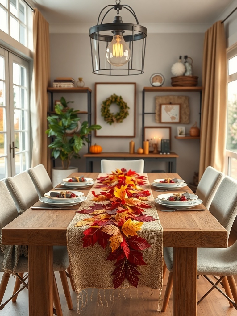 A dining table adorned with a festive table runner featuring autumn leaves, set for a cozy meal.