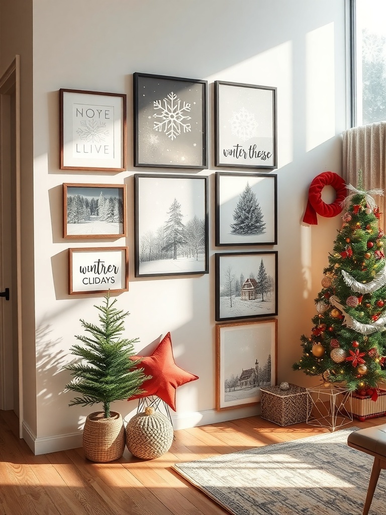 A cozy winter-themed wall art display with framed prints and a small Christmas tree.