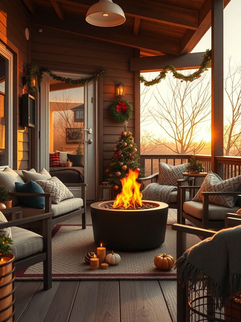 Cozy balcony with a fire pit, comfortable seating, and warm lighting.