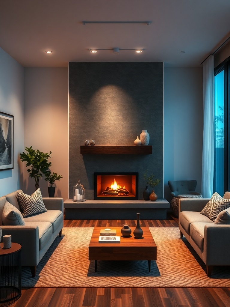 A modern living room featuring a cozy fireplace with soft lighting.