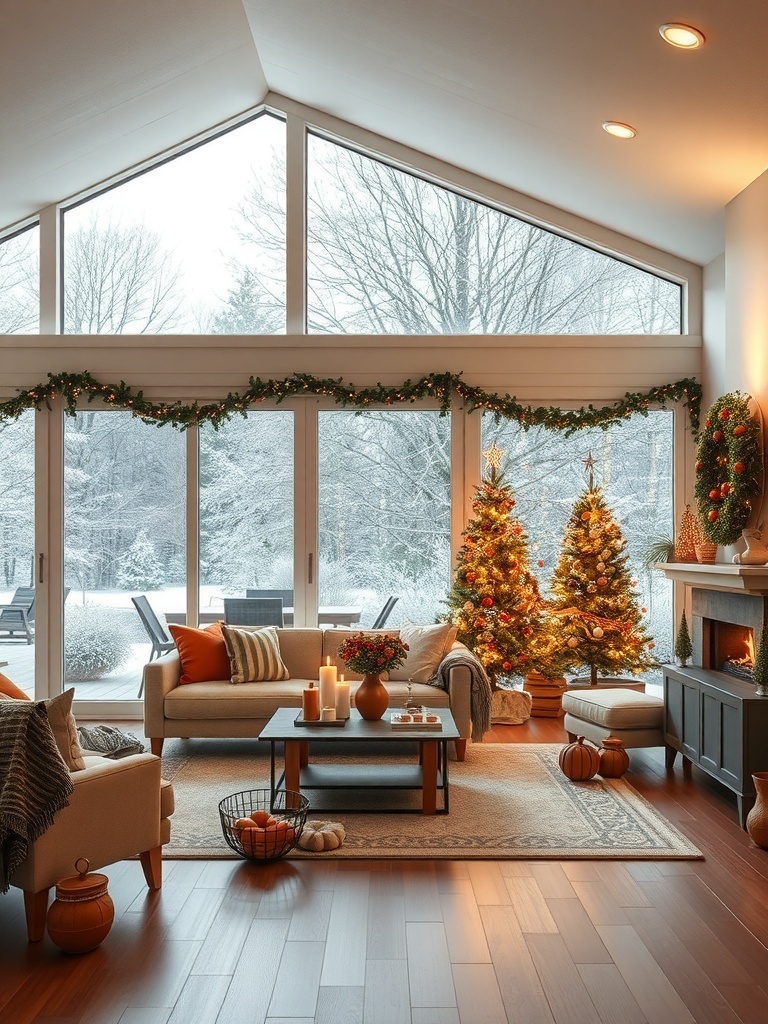 Cozy living room with large windows overlooking a snowy outdoor scene, decorated for the holidays.