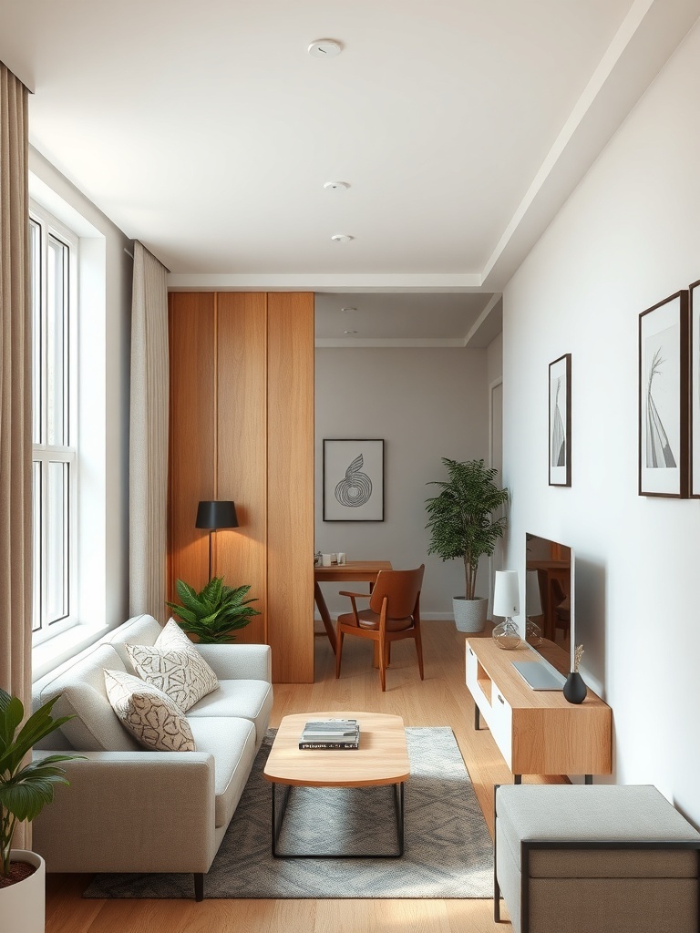A cozy living room with a flexible room divider separating the space.