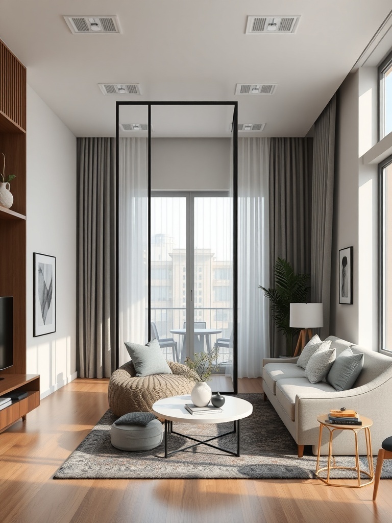 A modern living room with a flexible room divider separating the space.