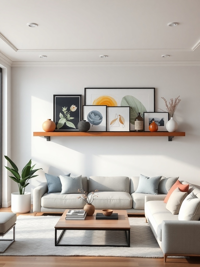 A living room featuring a floating art ledge with various framed artworks and decorative items above a light-colored sofa.