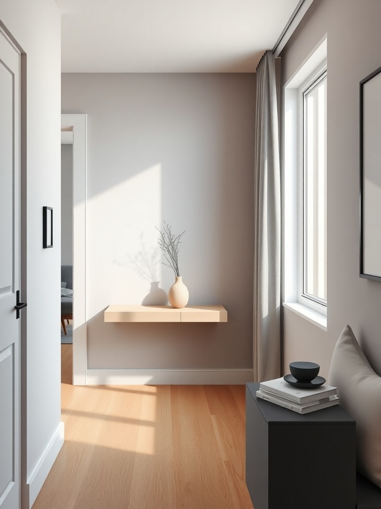 A modern floating console table in a small entryway with natural light.