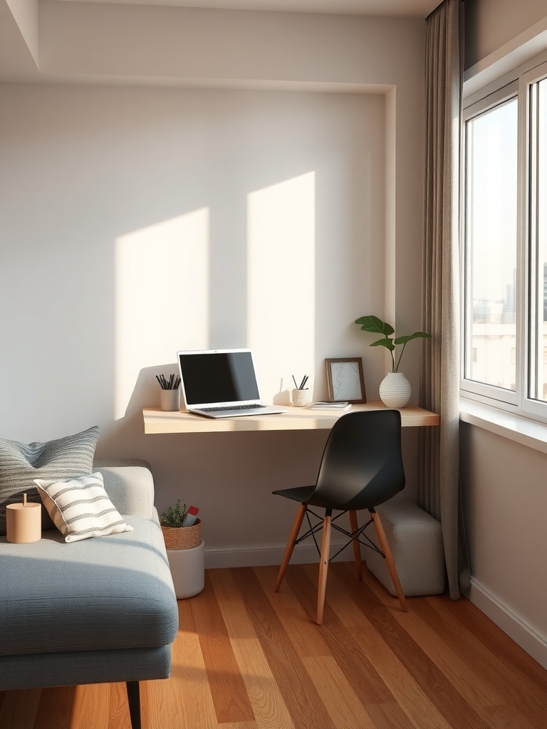 A cozy workspace featuring a floating desk, laptop, and decorative items.