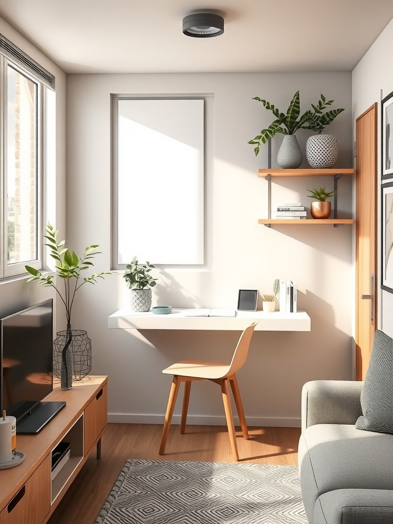 A small, stylish floating desk setup in a bright apartment with plants and decorative items.