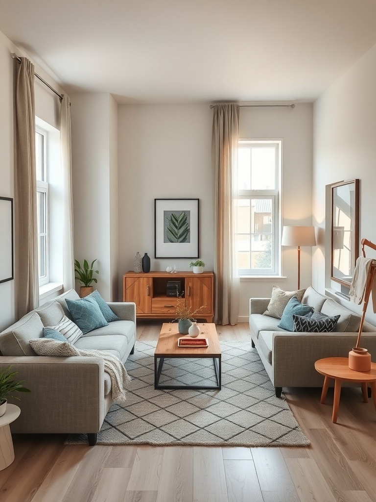 A cozy living room with floating furniture arrangements, featuring two sofas and a coffee table.