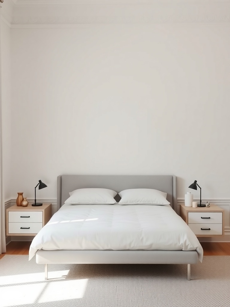 A minimalist bedroom featuring a bed with floating nightstands on either side, each with a lamp.
