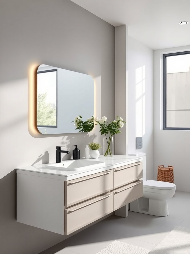 Modern bathroom with a floating vanity, round mirror, and natural decor.